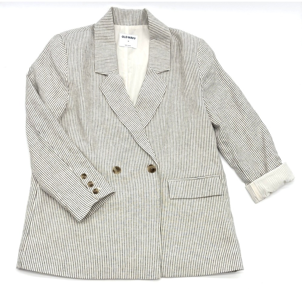 Old Navy Striped Linen Blend Blazer Jacket Medium Womens Double Breasted Relaxed